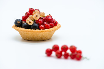 Tartlet with red and black currant isolated white background