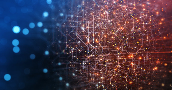Abstract tech background made of printed circuit board. Depth of field effect and bokeh. internet connections, cloud computing and neural network, big data. 3D render