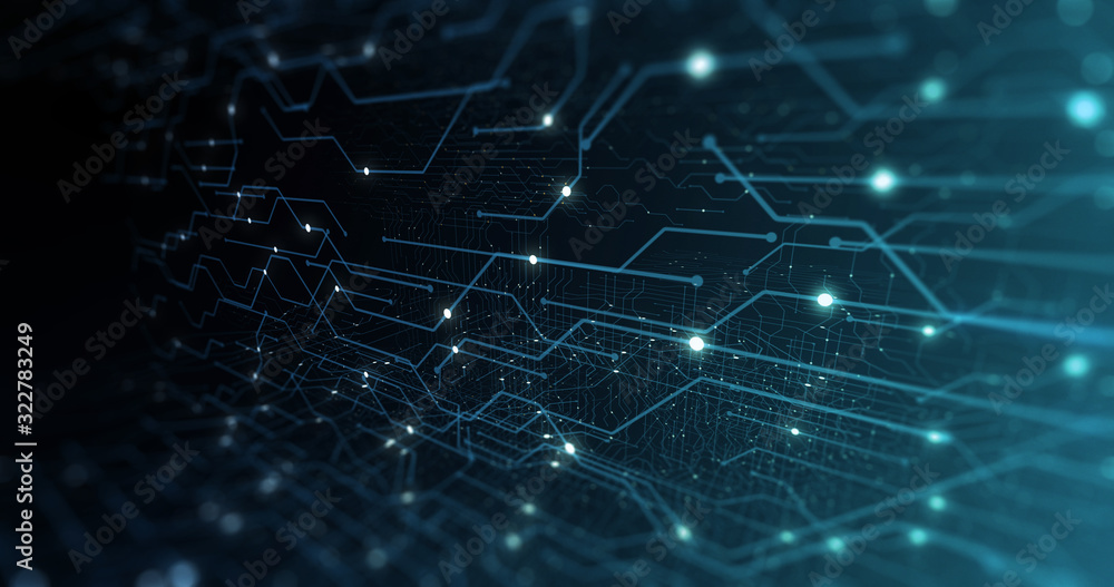 Poster Abstract Circuit board. Electronic computer hardware technology. Motherboard digital chip. Matrix particles grid virtual reality. Network communication processor. Information CPU engineering 3D render