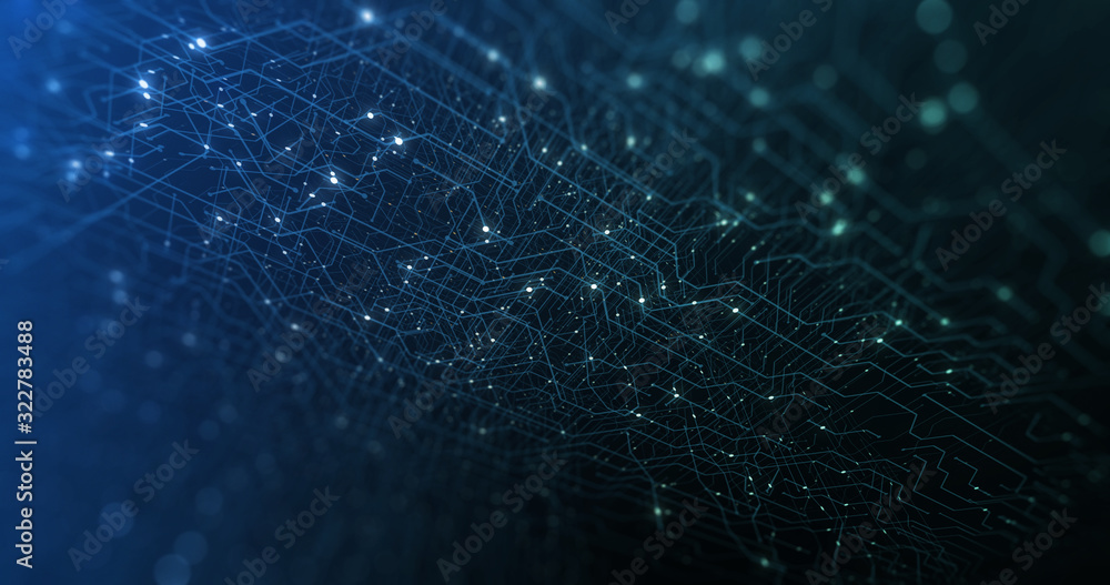 Poster Abstract Circuit board. Electronic computer hardware technology. Motherboard digital chip. Matrix particles grid virtual reality. Network communication processor. Information CPU engineering 3D render