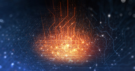 Abstract tech background made of printed circuit board. Depth of field effect and bokeh. internet...