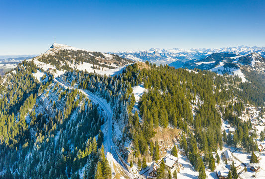Mountain  Rigi in Switzerland. Rigi Kaltbad First, Weggis. Aerial view. Drone shooting