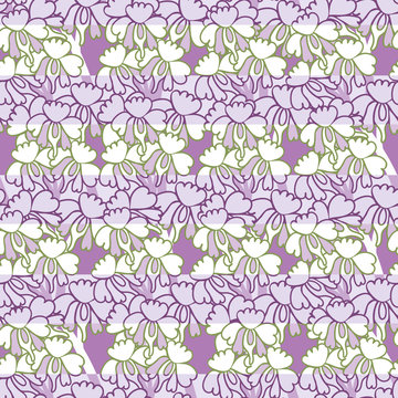 Graphic horizontal floral stripes seamless vector pattern in violet green and cream colors. Decoratie girly surface print design. Great for fabrics, cards, invitations and wrapping paper.