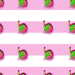 Hand drawn strawberry seamless vector pattern. Pink strawberries and green leaves.