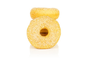 Group of four whole sweet golden mini cinnamon donut isolated on white background