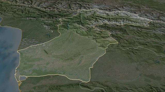 Samegrelo-Zemo Svaneti, region with its capital, zoomed and extruded on the satellite map of Georgia in the conformal Stereographic projection. Animation 3D