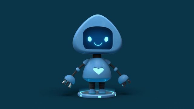 3d seamless animation of little cute blue robot with glowing heart on his body. Friendly bot with smile on the screen standing on the charging stand. Funny personal assistant robot on blue background.