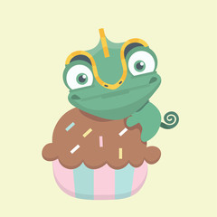 Cute chameleon with dessert cartoon..