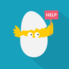 funny easter concept, chicken in a eggshell with help signboard- vector illustration