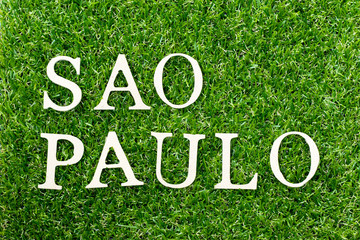 Wood alphabet letter in word Sao Paulo on green grass background