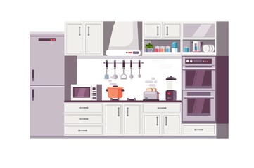 Kitchen interior with furniture in white color with kitchen tools and item. Flat style vector illustration on white background.