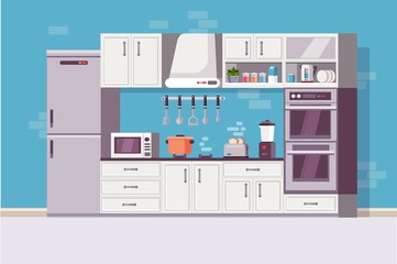 Kitchen cozy modern interior with kitchen tools and item - household equipment, microwave, blender, electric stove, kettle, dishes, refrigerator. Flat, cartoon style vector illustration.