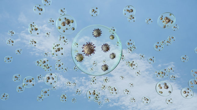 airborn virus floating aroud in droplets on blue sky background