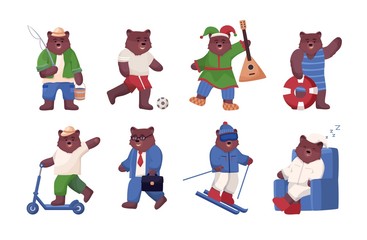 Big set of bear in different situations, animal is engaged in active sports and recreation, fishing, plays football and balalaika, rides a scooter, goes to work and skiing, sleeps in an armchair.