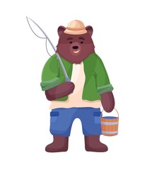 Bear character fisherman holding a bucket of fish and fishing rod in a hat, shorts and shirt. Vector flat cartoon illustration.