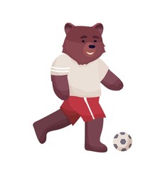 Cartoon character bear football player in a sports uniform t-shirt and shorts plays soccer ball. Vector flat cartoon illustration on white background.