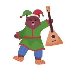 The animal character is brown, a bear in the national costume of Russia and bast shoes is dancing with a balalaika. Vector illustration in a flat, cartoon style.