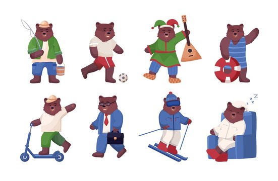 Big Set Of Bear In Different Situations, Animal Is Engaged In Active Sports And Recreation, Fishing, Plays Football And Balalaika, Rides A Scooter, Goes To Work And Skiing, Sleeps In An Armchair.