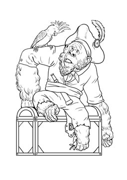 recommend clip art: Big gorilla pirate with cockatoo coloring page. Outline clipart illustration. Monkey and apes pirates coloring sheet.