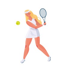 Cute girl with long hair in a sports uniform plays tennis on a white background in the hands of rackets and a tennis ball.