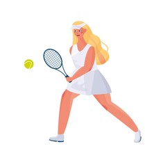Obraz na płótnie Canvas Cute girl with long hair in a sports uniform plays tennis on a white background in the hands of rackets and a tennis ball.