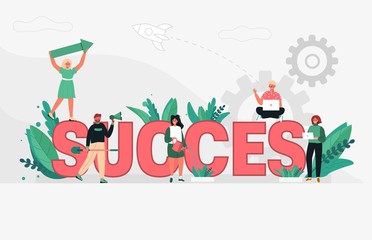 Business success concept for trendy web banners. Team of people grow plants or flower around the text. Vector illustration in flat cartoon style.