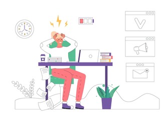 Professional burnout concept. Young exhausted woman sits at work in an office at table and holds her head in a rage. Vector illustration in flat cartoon style.