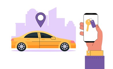 Modern carsharing or car rental service concept. Hand holds smartphone with information an app to find a car location. Vector illustration in flat cartoon style on cityscape background.