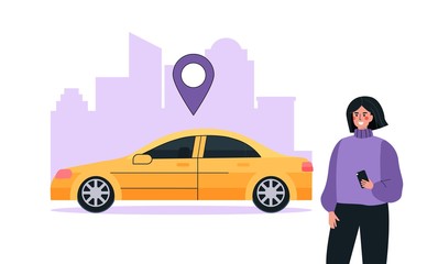 Modern carsharing or car rental service concept. Woman uses mobile application to search for a car on a map location. Vector illustration in flat cartoon style on cityscape background.