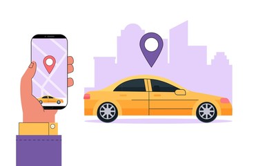 Modern carsharing or car rental service concept. Hand holds smartphone with information an app to find a car location. Vector illustration in flat cartoon style on cityscape background.