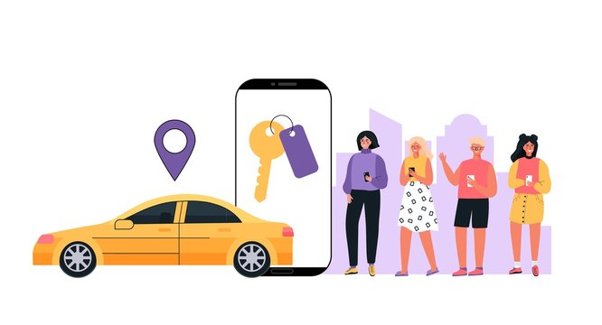 Modern concept rent car, carsharing service any location city. People uses mobile application on phone. Vector illustration in flat cartoon style on cityscape background.