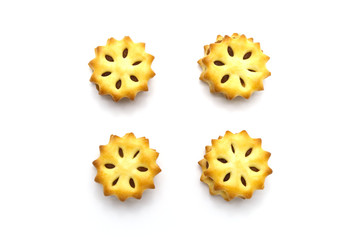 Homemade biscuits or crackers with pineapple jam and sweet flavored on white background. Cookies or snack for coffee break. The image with top view.