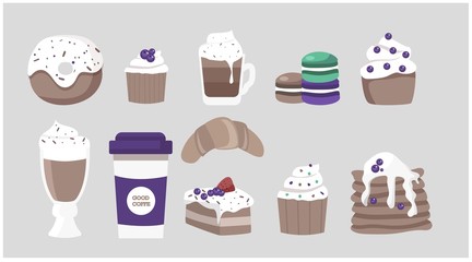Big set of desserts and pastries for a cafe or coffee shop - donut, cake, coffee in a paper cup, pancakes with berries, macaroons. Vector illustration in flat and cartoon style.