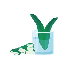 Glass with leaf and pieces of aloe vera white background. Isolated vector illustration.