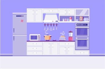 colorful vector illustration of kitchen room with furniture and equipment, tools and item - household equipment, microwave, blender, electric stove, kettle, dishes, refrigerator.