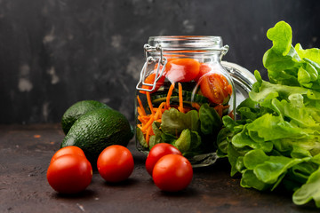 selective focus, vegetarian salad in a jar