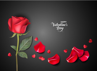 Valentine's Day design template. Black background with red roses, decorative hearts and petals. Vector illustration