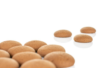 Lot of whole sweet brown chocolate sponge biscuit isolated on white background