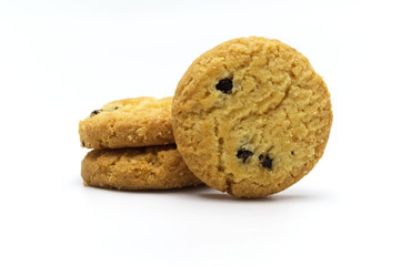 Raisin cookies or biscuit flavor on white background.