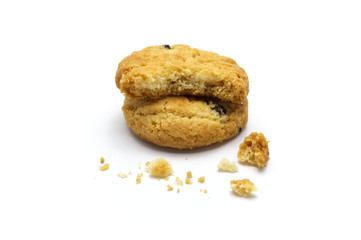 Raisin cookies or biscuit with crumbs flavor. Isolated on white background. Selective focus.