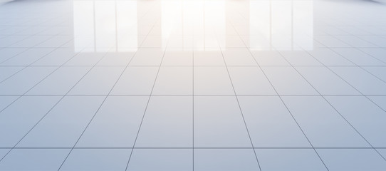 White tile floor background in perspective view. Clean, shiny and symmetry with grid line texture. For decor bathroom, kitchen and laundry room. And empty or copy space for product display. 3d render.