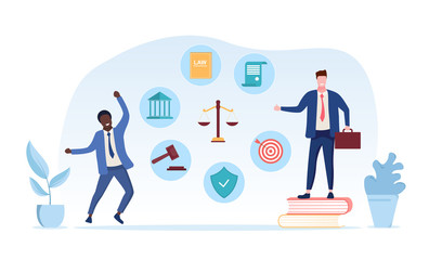 Legal services of a lawyer concept with two lawyers one standing on his law books, second celebrating victory in court and icons around scales of Justice, vector illustration