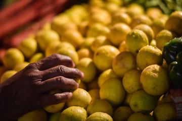 woman buying lemon in vegetable market in India, Indian Vegetable 