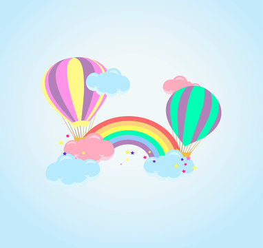 Cute Childish Vector Illustration - Balloon With Clouds And Rainbow On A Blue Gradient Background. Baby Postcard