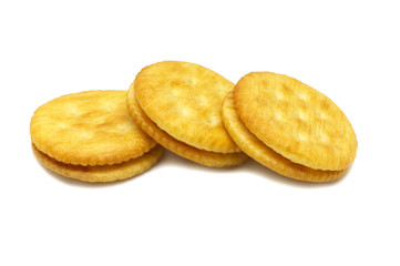 Biscuit sandwich cracker Cheese flavoured ,Cream and butter. Stack of crunchy delicious sweet meal and useful cookies. Isolated on white background.