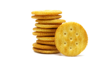 Biscuit sandwich cracker Cheese flavoured ,Cream and butter. Stack of crunchy delicious sweet meal and useful cookies. Isolated on white background.