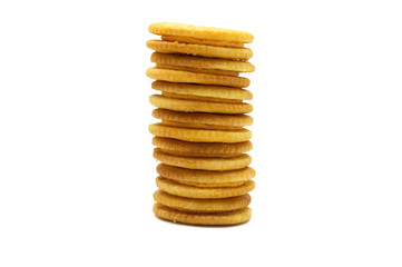 Biscuit sandwich cracker Cheese flavoured ,Cream and butter. Stack of crunchy delicious sweet meal and useful cookies. Isolated on white background.