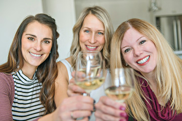 Five mature women toast and celebrating their meeting on the sofa
