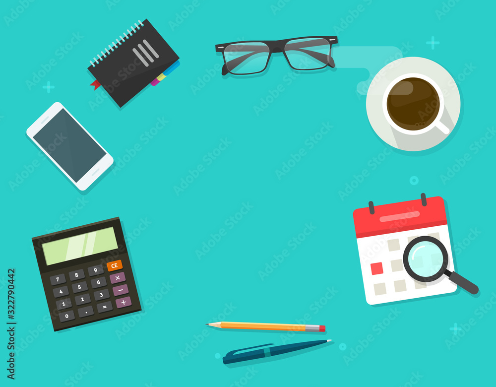 Poster working desk table above with copy space text or work place desktop top view with coffee cup and res