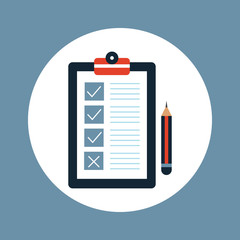 Clipboard with white ticks check marks and pen. Checklist, complete tasks, to-do list, survey, exam concepts.
